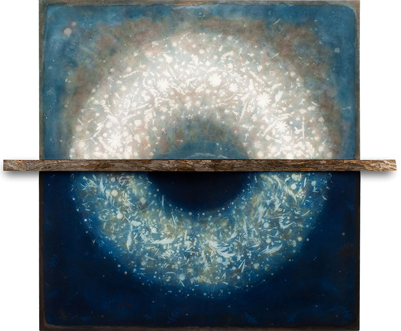 Bryan David Griffith, Monsoon Flowers, September Seeds, 2021. Cyanotype, foraged natural dyes and pigments, acrylic on canvas with wood. 58 x 50 x 4.5 inches. Courtesy of the artist.