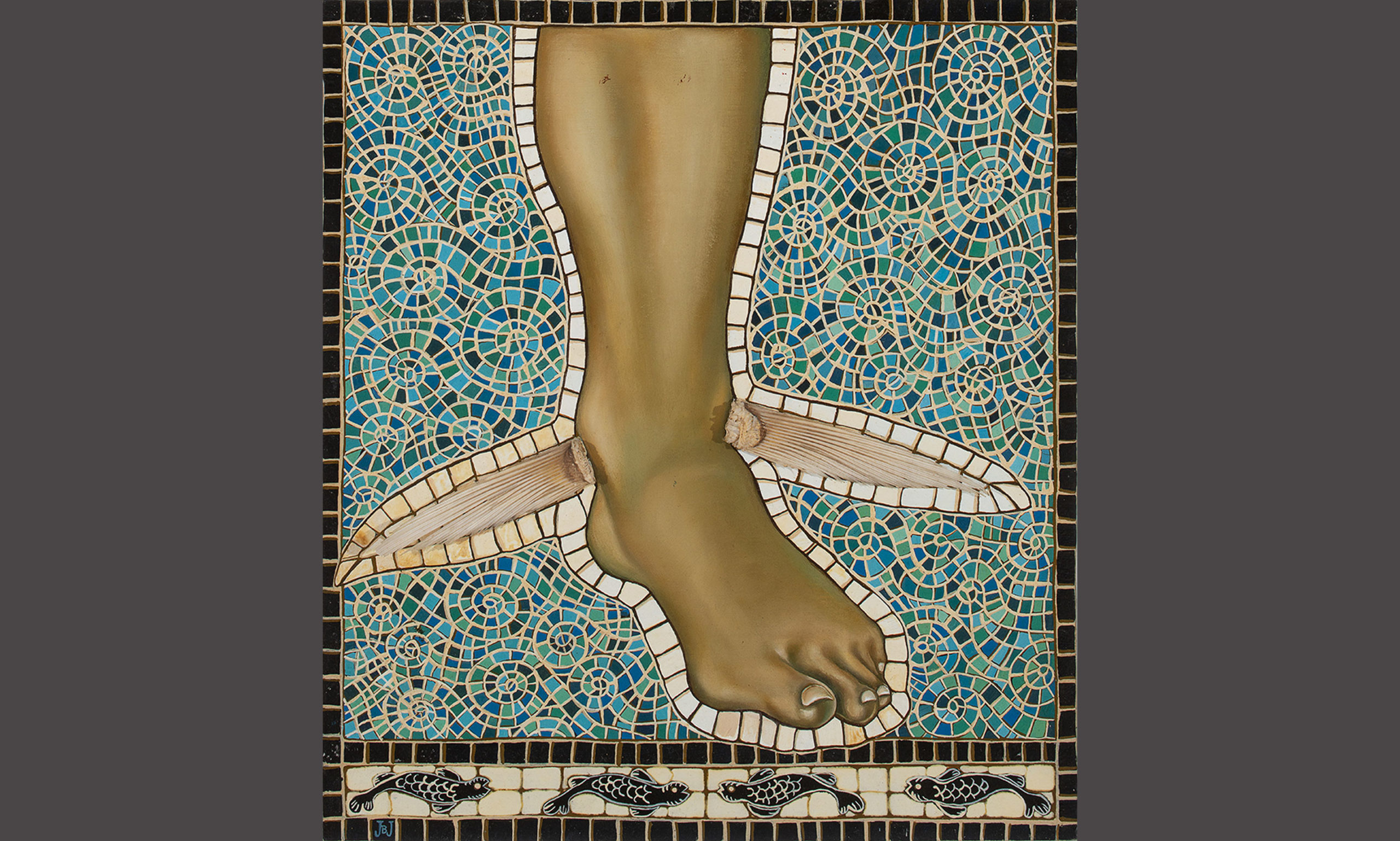 Jacqueline Brito Jorge, Adaptaciones (pies), 1996. Acrylic on canvas with shells and fish fins. Collection of ASU Art Museum. Gift of the Artist. Photography by Craig Smith.