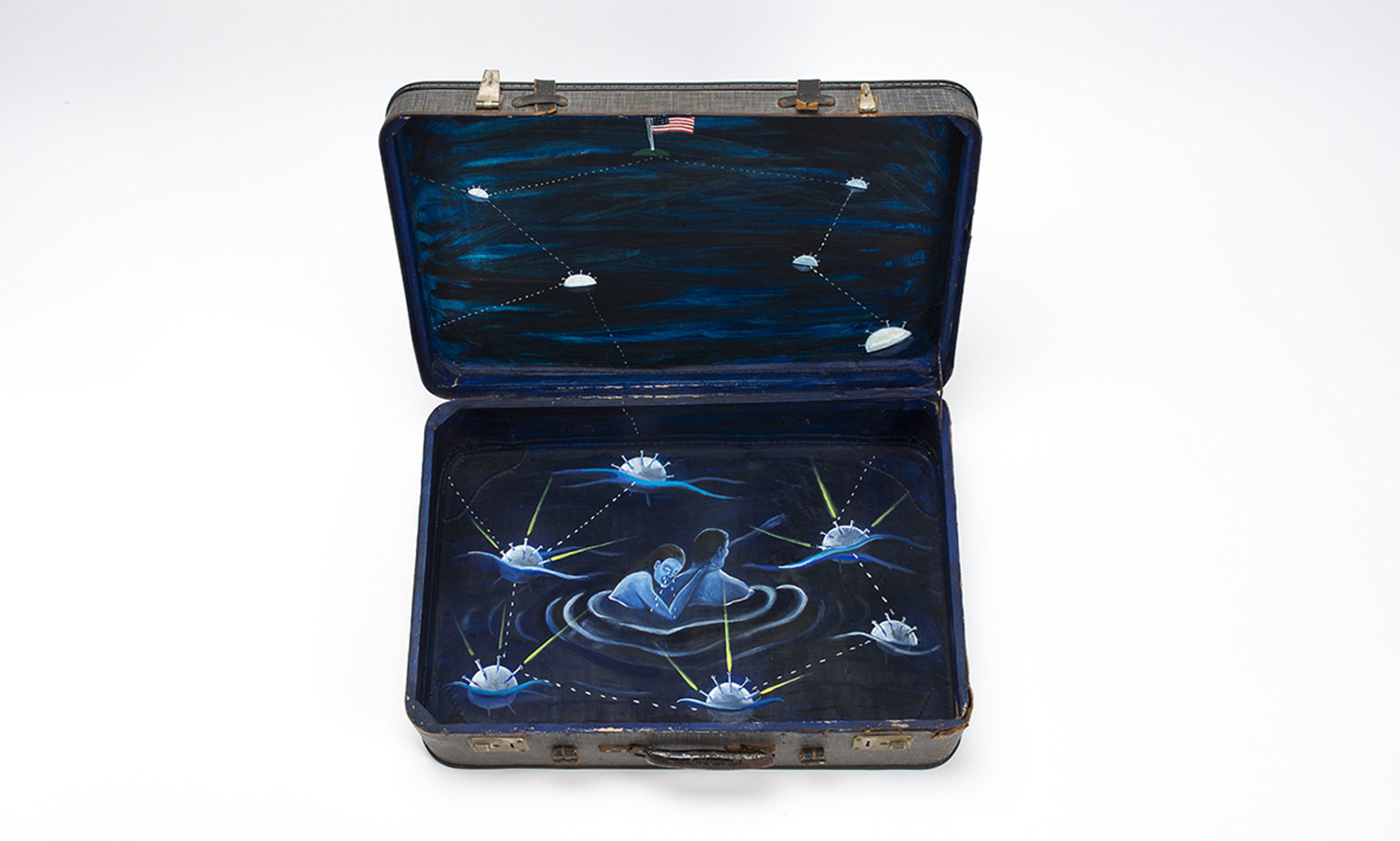 Sandra Ramos, From the Series Migrations II [Swimming under the Stars], 1994. Oil on suitcase. Collection of ASU Art Museum. Gift of the ASU Art Museum Advisory Board 100% +Cuban Campaign. Photography by Craig Smith.