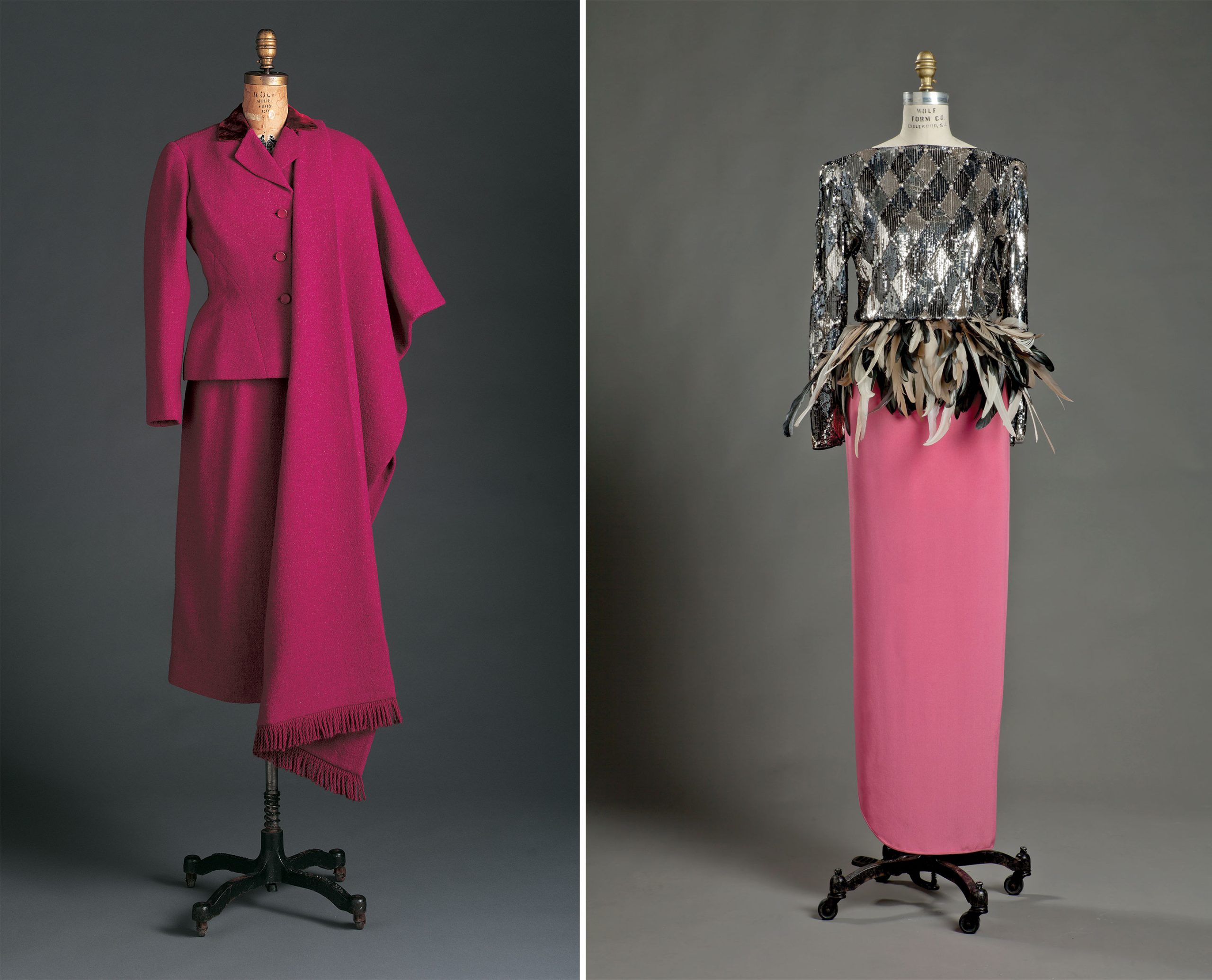 Christian Dior, Suit jacket, 1952. Wool and velvet. Collection of Phoenix Art Museum. Gift of Mrs. Donald D. Harrington; Valentino, Dress, c. 1982. Silk crepe with sequins and dyed feathers. Collection of Phoenix Art Museum. Gift of Georgette Mosbacher.