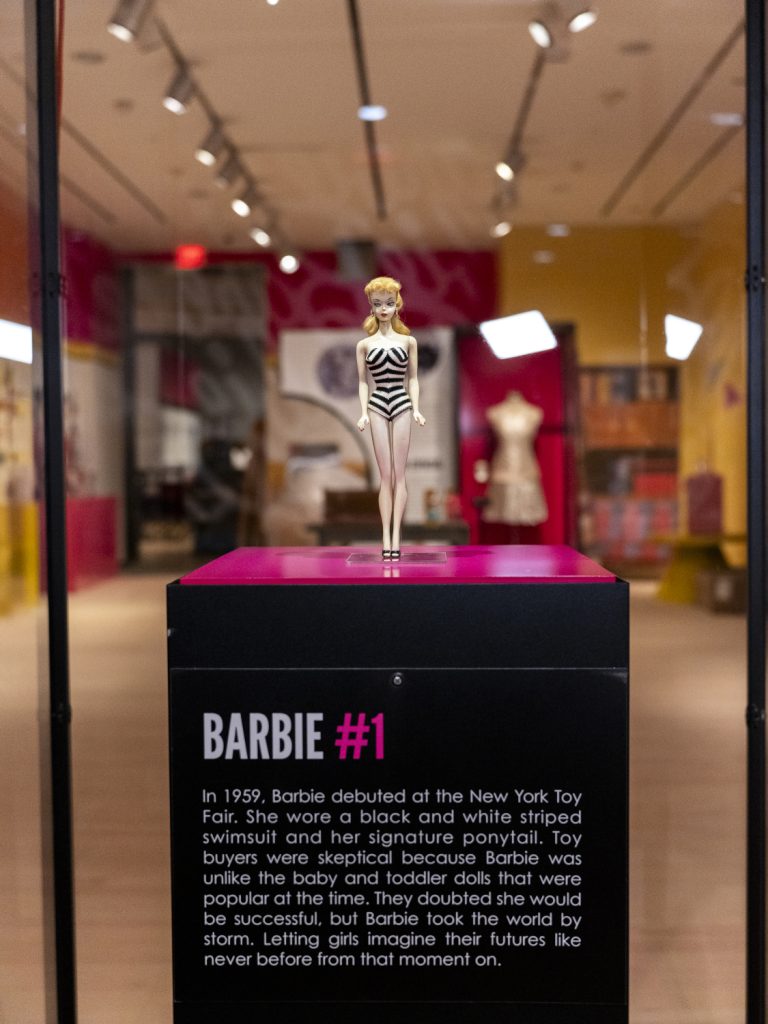 Barbie #1 doll, wearing original outfit, 1959-1961. Loan from Mattel Corporate Archives. Installation view of Barbie®: A Cultural Icon, 2024. Phoenix Art Museum.